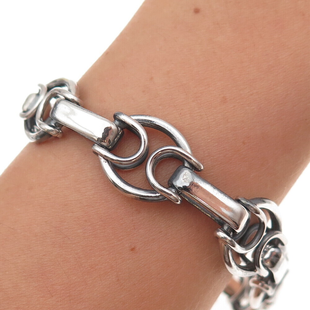 950 Silver Vintage Modernist Horse Bit Link Oxidized Bracelet 7.75"